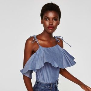 ZARA ruffled chambray bodysuit